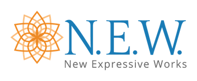 Logo for New Expressive Works featuring a decorative orange pattern and blue text.