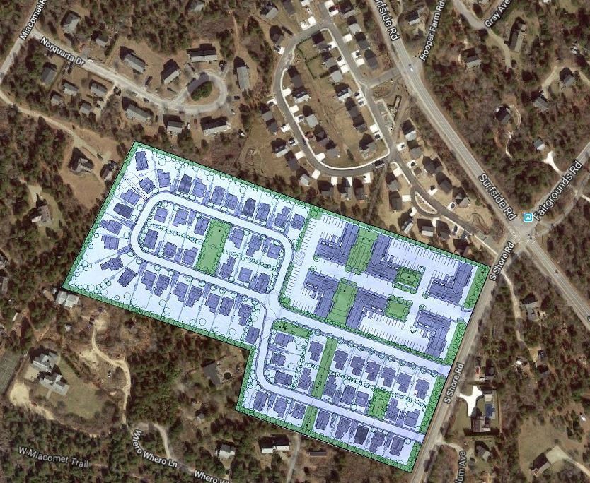 A satellite view of a proposed residential development plan.