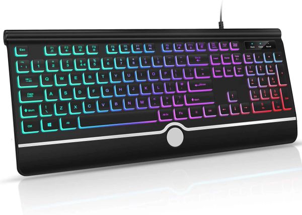 Wired Backlit Keyboard, Illuminated USB Keyboard with Comfortable Wrist Rest US Layout for Computer, Laptop, Black