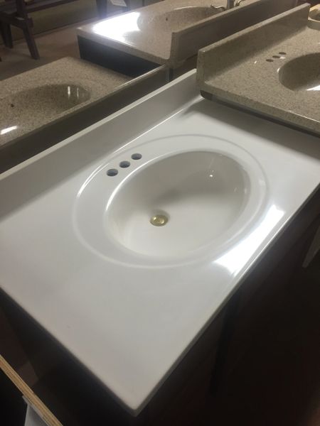 Cultured Marble Vanity Top (Solid White) 22" x 31" three hole for 4" center faucet (local pickup only).