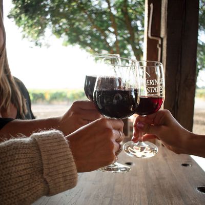 image of three glasses of wine toasting.