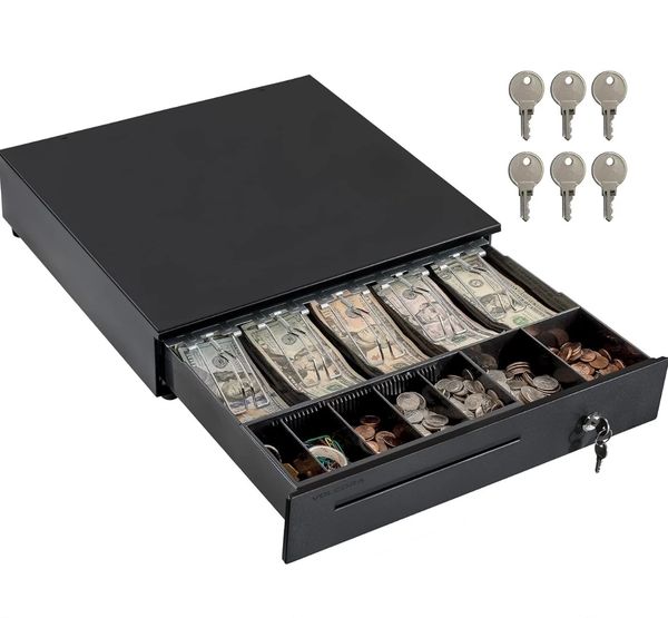Datio POS Cash Register Drawer for Point of Sale (POS) System, 5 Bill/7 Coin, 16" with Adjustable Coin Slots, 24V, RJ11/RJ12 Key-Lock, Media Slot, Black