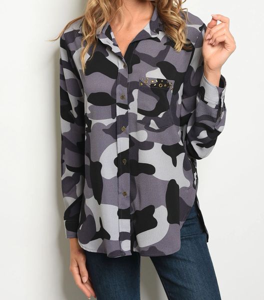 Camo Camouflage Shirt for Women Long Sleeve Button Down Shirts Cuffed  Blouse Tops