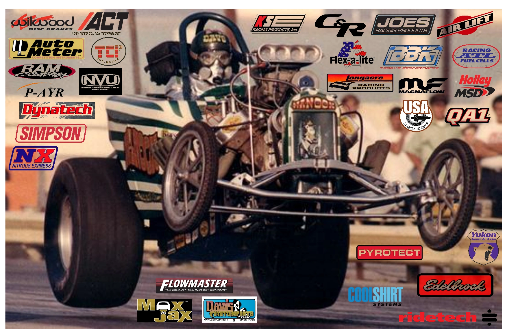 Altered dragster doing a 4 wheel wheelstand, background racing parts and equipment company logos