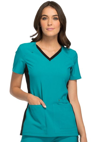 Cherokee #CK605-Teal Blue with Black Contrast. V-Neck Knit Panel Top ...