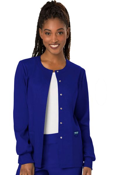 Cherokee Workwear WW310 Galaxy Blue. Snap Front Jacket. Live Chat