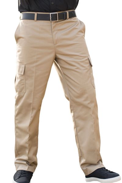 Ladies flat front poly cotton cargo work pants in tan