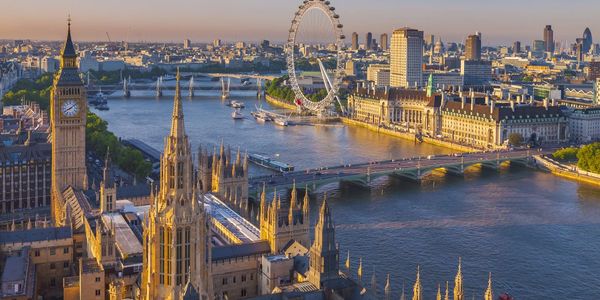 An ariel shot of the city of London with the clock tower 