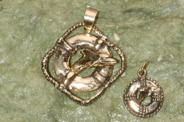 14K Gold Dolphin in Life Ring Pendant - Large