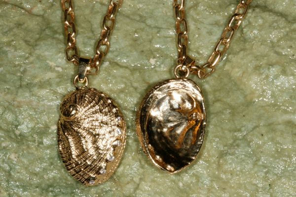 14K Gold Abalone Pendant - Large - with added 6 pave Diamonds in holes