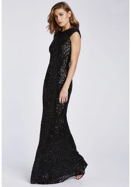 Black Sequin Embellished Maxi Dress With Capped Sleeves