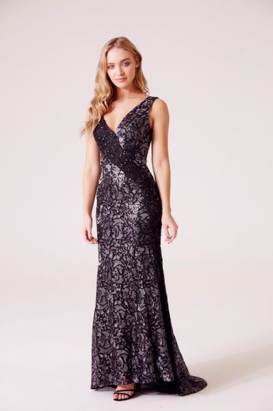 Hand beaded and sequin embellished V neck contrast lace fishtail maxi dress