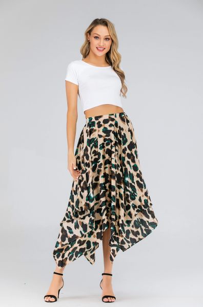 Satin green leopard pleated asymmetrical midi skirt