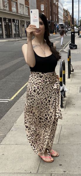 Satin wrap midi skirt with belt in Beige and blush leopard print