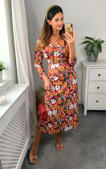 Floral print V-neck long sleeves with button detail maxi dress in multicolour