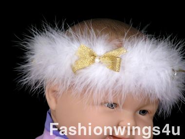 White Marabou Elastic Halo w/Golden Bows and Pearls