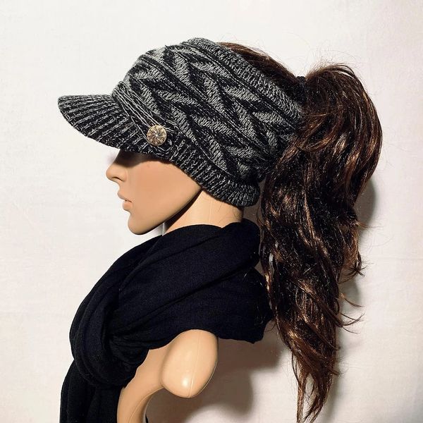 Black Mix Sporty Open Top Hat, Ponytail Hat