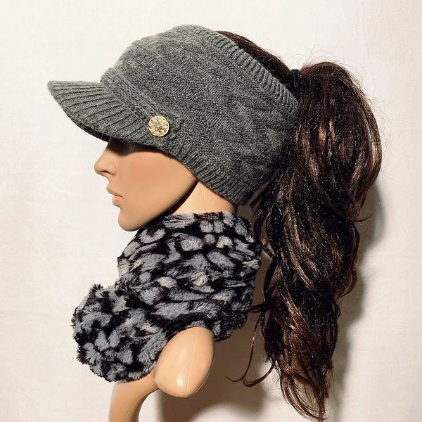 Gray Sporty Open Top Hat | Ponytail Hat | Knit Winter Hat With