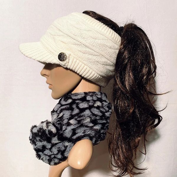 Off White Sporty Open Top Hats Ponytail Hat Knit Winter Hat With Ponytail Hole Beanies