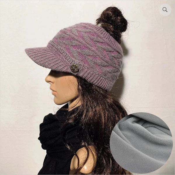 Charcoal Purple Fleece Lined Ponytail Hats, Ponytail Hat, Knit Winter Hat  With Ponytail Hole