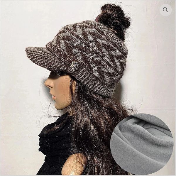 Brown Fleece Lined Ponytail Hats, Ponytail Hat, Knit Winter Hat With  Ponytail Hole