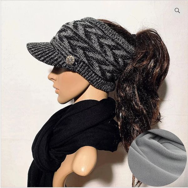 Charcoal Purple Fleece Lined Ponytail Hats, Ponytail Hat, Knit Winter Hat  With Ponytail Hole