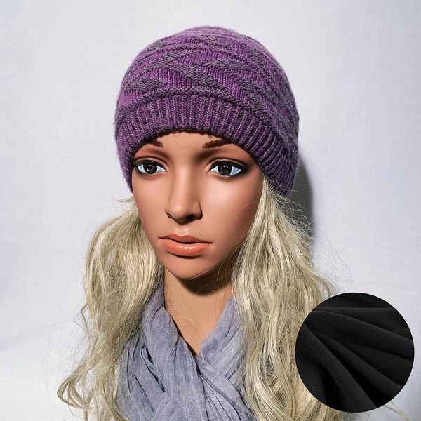 Charcoal Purple Fleece Lined Ponytail Hats, Ponytail Hat, Knit Winter Hat  With Ponytail Hole