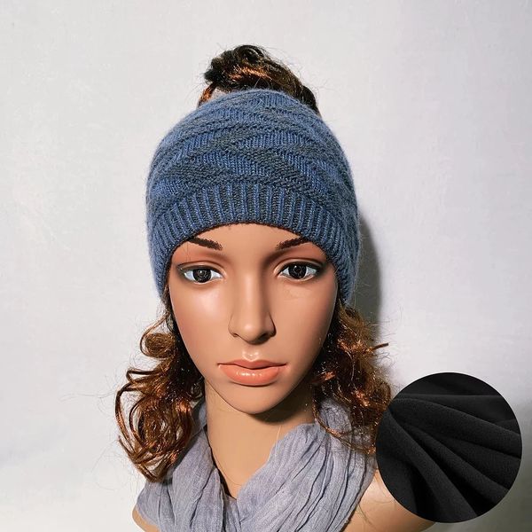 Charcoal Purple Fleece Lined Ponytail Hats, Ponytail Hat, Knit Winter Hat  With Ponytail Hole