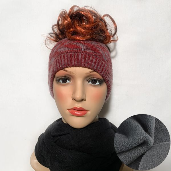 Fleece Lined Headband Burgundy and Blue, Ponytail Hat