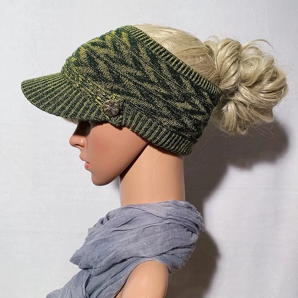 Green Bay Packers Inspired Three Season Visor, Ponytail Hat, Knit Winter  Hat With Ponytail Hole