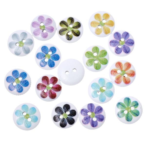 The Bead and Button Box - 10 wooden Assorted Flower Design buttons, 15mm. Ideal for babies clothes, sewing, knitting, card making, scrapbook and lots of other craft projects