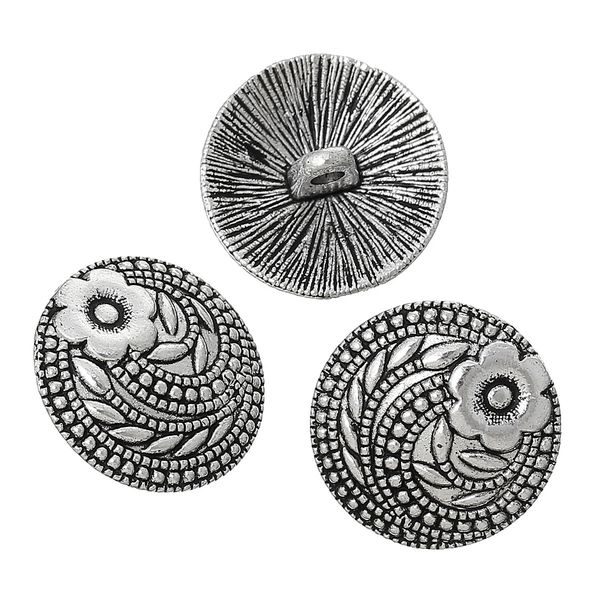 The Bead and Button Box - 6 Antique Silver Tone Metal Carved Flower Buttons 17mm