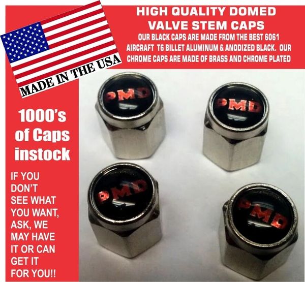 4 Chrome Domed Black Pontiac Motor Division PMD Valve Stem Caps