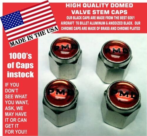 4 Chrome Domed Red Pontiac Motor Division PMD Valve Stem Caps