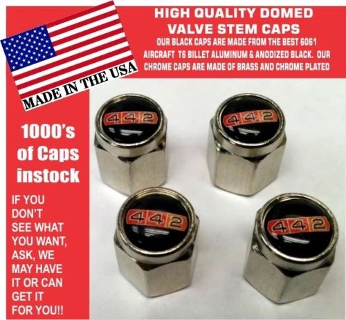 4 Chrome Hurst Oldsmobile 442 Black Back Ground Valve Stem Caps