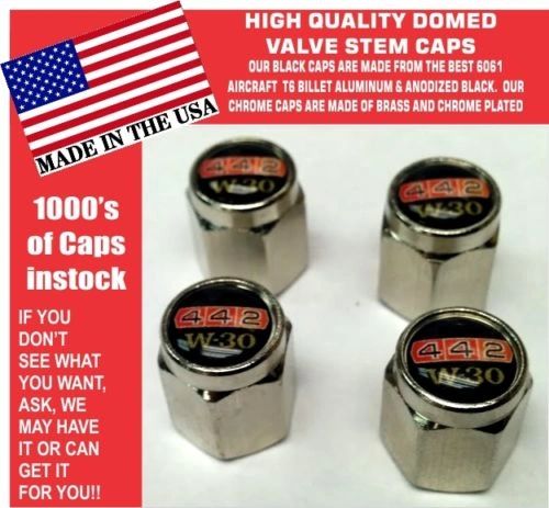 4 Chrome Hurst Oldsmobile 442 Black W30 Valve Stem Caps