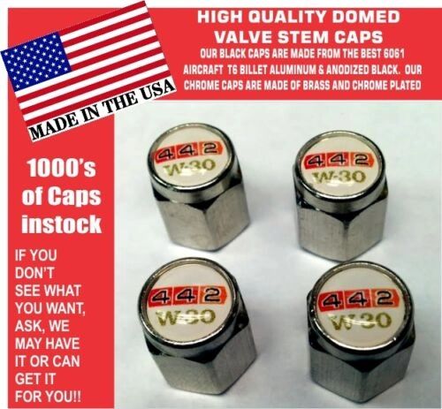 4 Chrome Hurst Oldsmobile 442 White W30 W-30 Valve Stem Caps