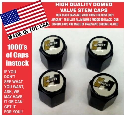 4 Domed Aluminum Hurst Black & Gold Olds Oldsmobile 442 Valve Stem Caps