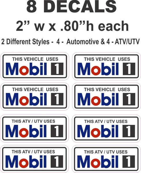 8 Mobil 1 Decals for Car/truck and ATV/UTV - 4 Each