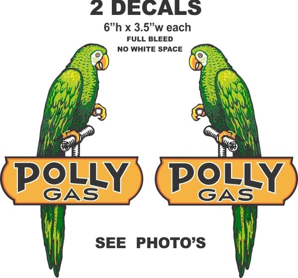 2 Polly Gas Left and Right Facing Birds 6" Tall each - Full Bleed Decals (No White Space)