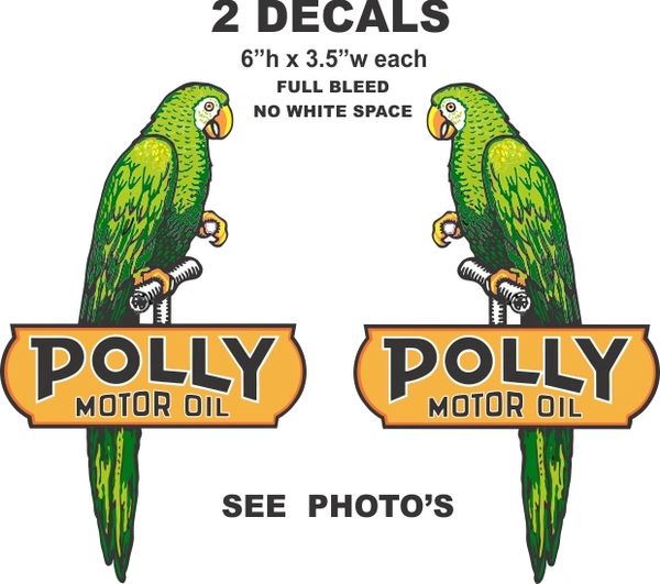 2 Polly Motor Oil Decals - Left and Right Facing 6" Tall Full Bleed (No White Space)