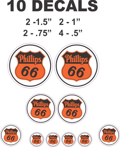 10 Various Size Phillips 66 Gasoline Decals - Great For Scale models or Dioramas