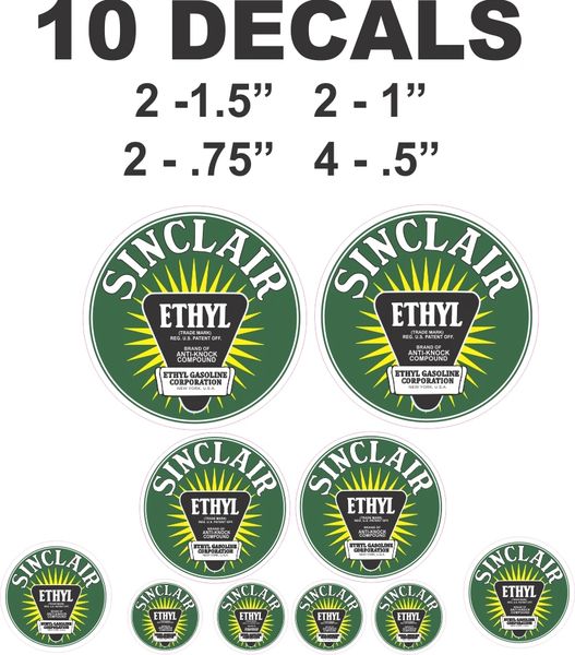 10 Sinclair Ethyl Decals - Various sizes - Great for Oil Cans. Scale Models and Dioramas