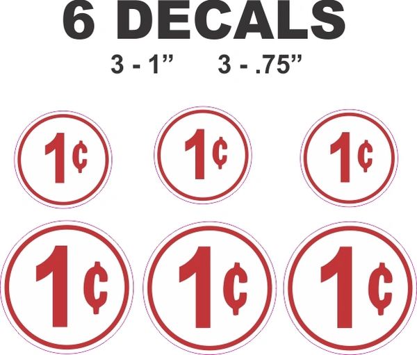 6 Round white 1 cent Decals