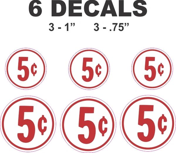 6 Round White 5 Cent Decals