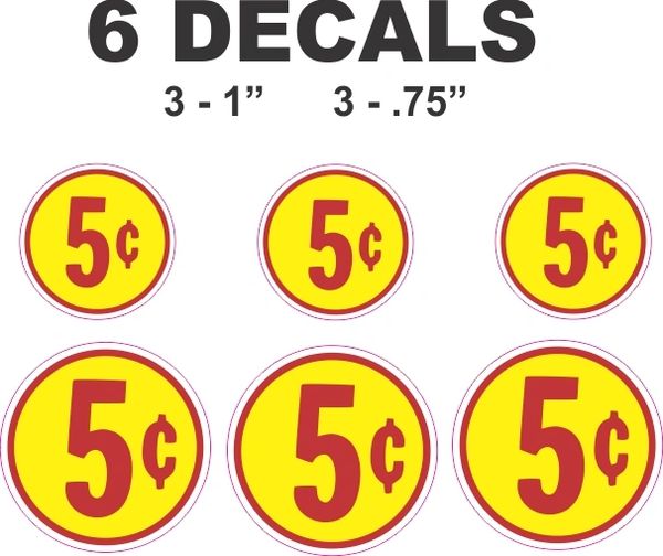 6 Round Yellow 5 Cent Decals