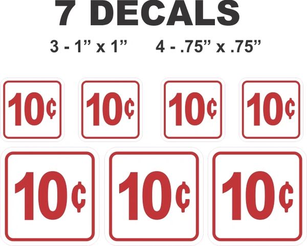 7 White Square 10 Cent Gumball Machine Decals