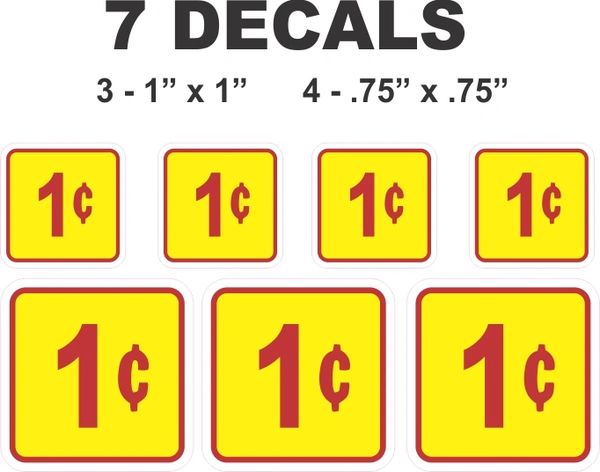 7 Square Yellow 1 Cent Gumball Machine Decals