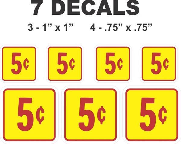 7 Square Yellow 5 Cent Gumball Machine Decals