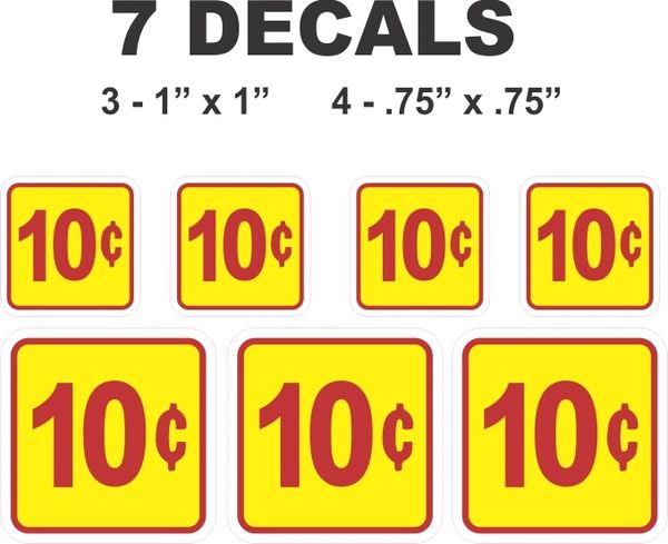 7 Yellow Square 10 Cent Gumball Machine Decals